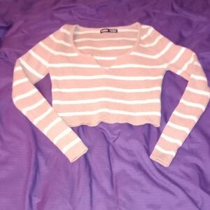 SHEIN Tan and White Striped V-Neck Sweater Size XS Great Condition
